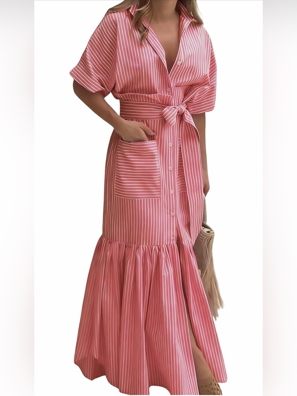 Utcoco, Red Striped Tie-Waist Maxi Dress, M - Picture 3 of 6